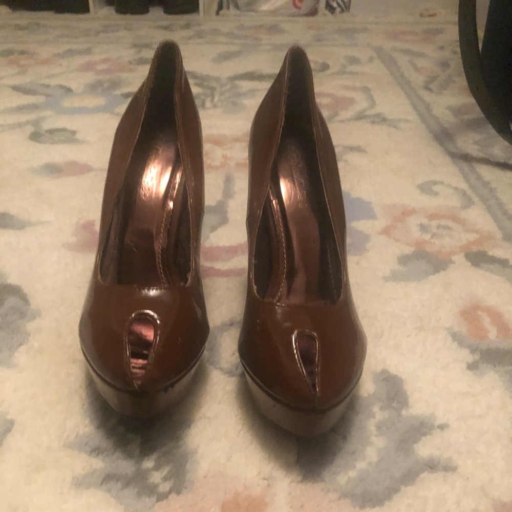 Brown patent leather heels
